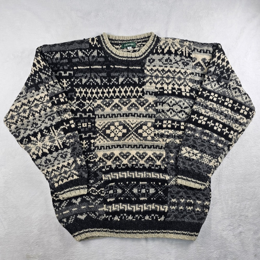 Vtg Giordano 100% Shetland Wool Knit Sweater Men M Snowflake Nordic Ski Pullover